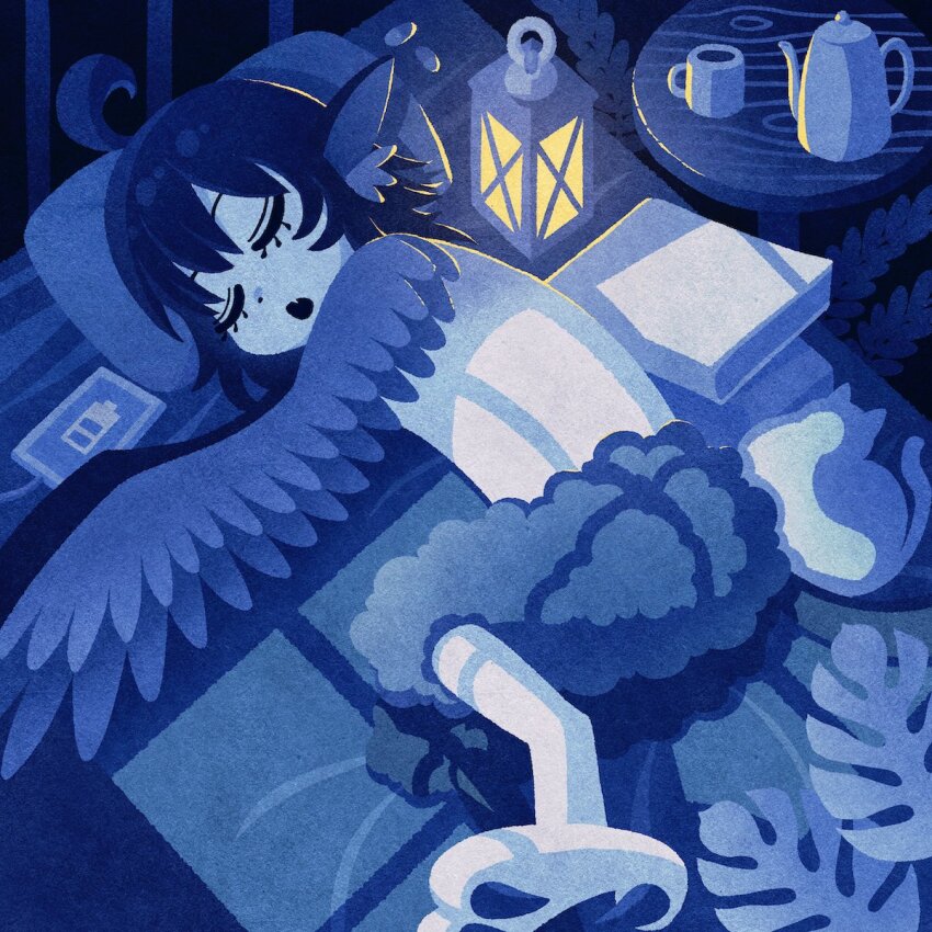 1girl, ahoge, akamiya_fumiya, animal_ears, animal_print, bed, bird_ears, bird_legs