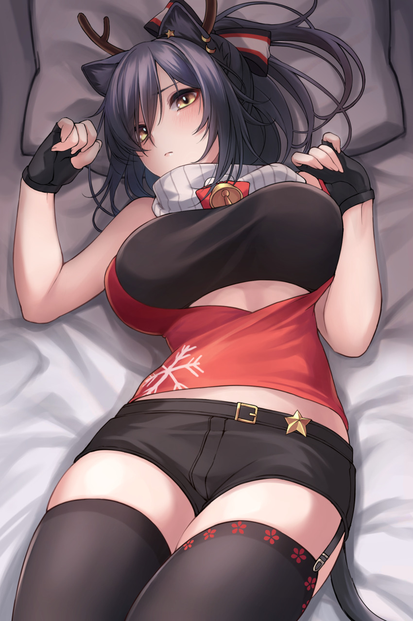1girl, absurdres, animal_ears, arknights, bandeau, bed_sheet, black_gloves, black_hair