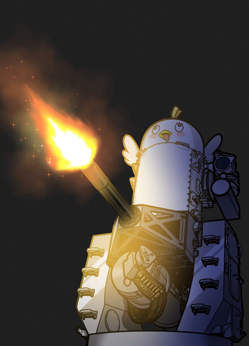 20x102_vulcan, absurdres, ammunition, ammunition_belt, ammunition_chute, antenna_hair, anti-aircraft, anti-aircraft_gun, anti-materiel_cartridge, autocannon, blue_archive, blush_stickers, cannon, cannon_cartridge, close-in_weapon_system, electronic_firearm, firing, gatling_gun, highres, hrna, m61_vulcan, multiple-barrel_gun, muzzle_flash, no_humans, peroro_(blue_archive), phalanx_ciws, rotary_cannon, tongue, tongue_out, turret, wings