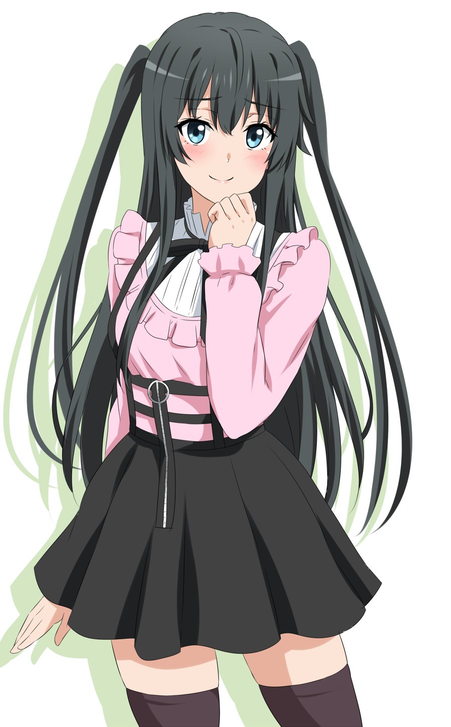 1girl, black_hair, black_skirt, blue_eyes, blush, brown_thighhighs, casual, closed_mouth