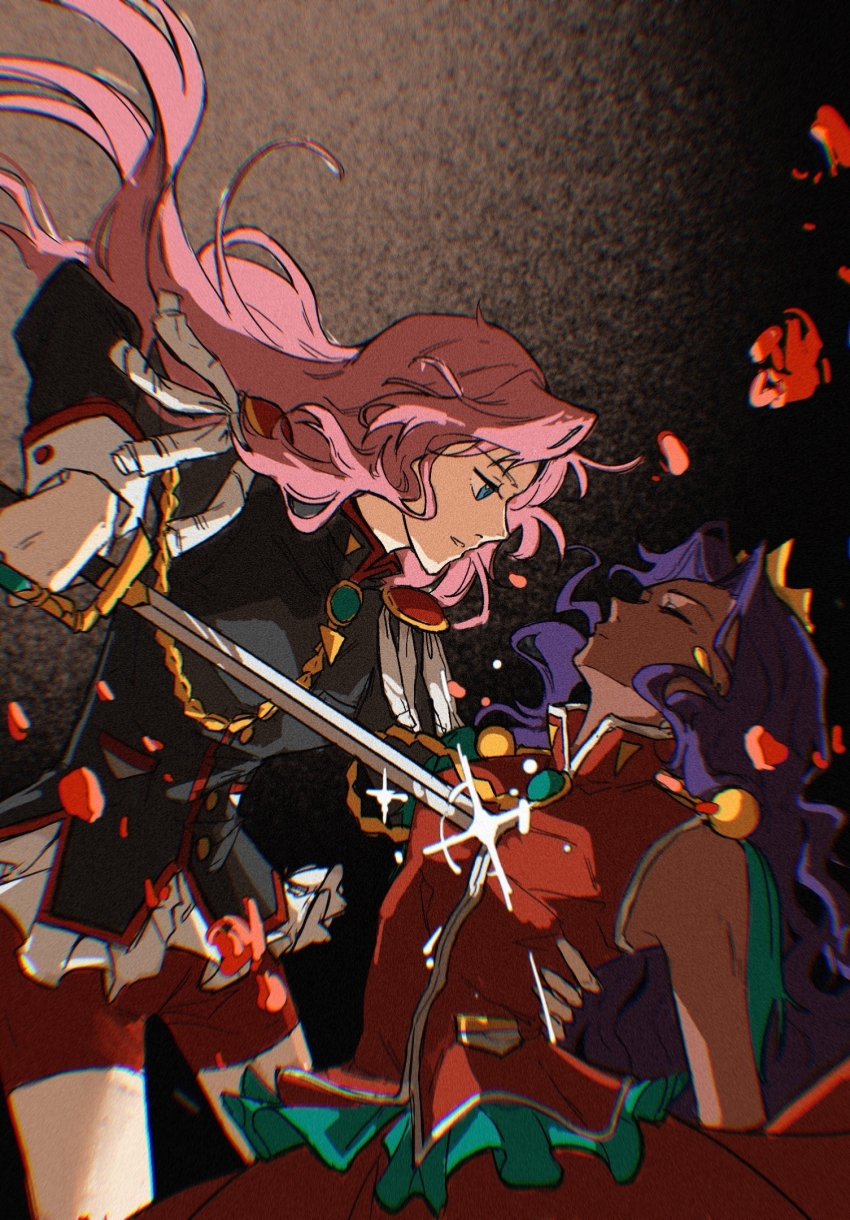 010-ddd, 2girls, aiguillette, bike_shorts, blue_eyes, closed_eyes, closed_mouth, crown, dark-skinned_female, dark_skin, dress, epaulettes, flower, green_eyes, highres, himemiya_anthy, holding, holding_sword, holding_weapon, long_hair, looking_at_another, multiple_girls, petals, pink_hair, purple_hair, red_dress, red_shorts, school_uniform, shorts, shoujo_kakumei_utena, sparkle, sword, sword_of_dios, tenjou_utena, very_long_hair, weapon