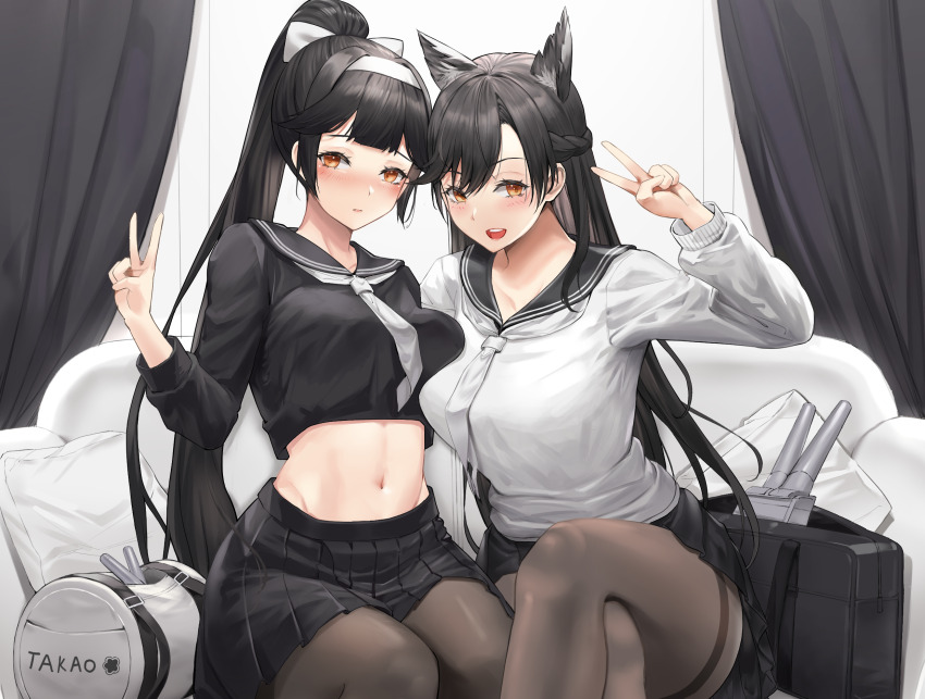 2girls, animal_ears, atago_(azur_lane), atago_(school_traumerei)_(azur_lane), azur_lane, bag, black_hair, black_pantyhose