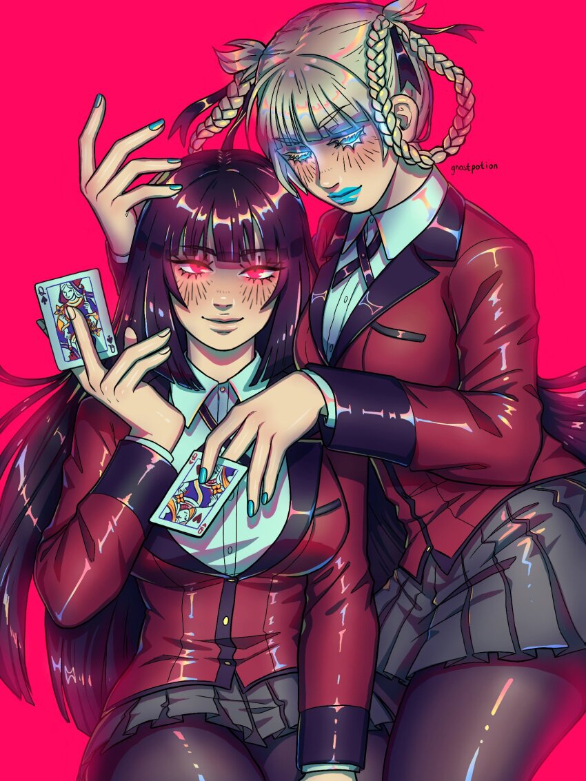 2girls, aqua_eyes, aqua_lips, aqua_nails, artist_name, black_hair, black_pantyhose, black_skirt, braid, braided_hair_rings, card, ghostpotion_art, hair_ribbon, hair_rings, highres, holding, holding_card, hyakkaou_academy_school_uniform, jabami_yumeko, jacket, kakegurui, long_hair, looking_at_viewer, miniskirt, momobami_kirari, multiple_girls, nail_polish, neck_ribbon, pantyhose, playing_card, pleated_skirt, queen_(playing_card), queen_of_hearts_(playing_card), queen_of_spades_(playing_card), red_background, red_eyes, red_jacket, ribbon, school_uniform, shirt, simple_background, sitting, skirt, smile, straight_hair, white_shirt