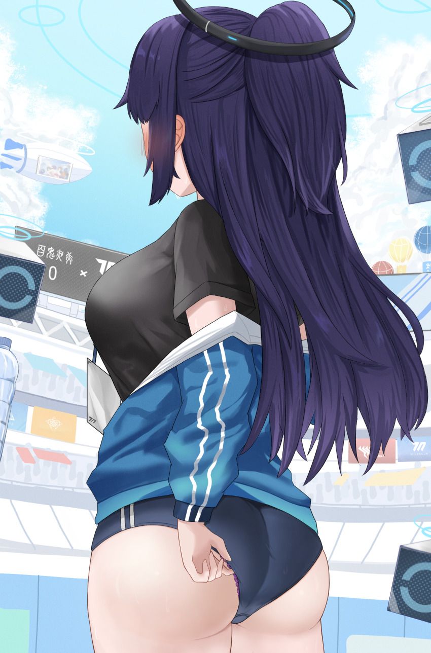 1girl, absurdres, adjusting_buruma, adjusting_clothes, aircraft, airship, ass, back, black_shirt, blue_archive, blue_buruma, blue_jacket, bottle, breasts, buruma, cloud, cloudy_sky, day, dirigible, gym_uniform, halo, highres, hot_air_balloon, id_card, jacket, keaworks, medium_breasts, multicolored_jacket, official_alternate_costume, outdoors, panties, panties_under_buruma, partially_unzipped, ponytail, purple_hair, shirt, sky, track_jacket, two-tone_jacket, underwear, water_bottle, yuuka_(blue_archive), yuuka_(track)_(blue_archive)