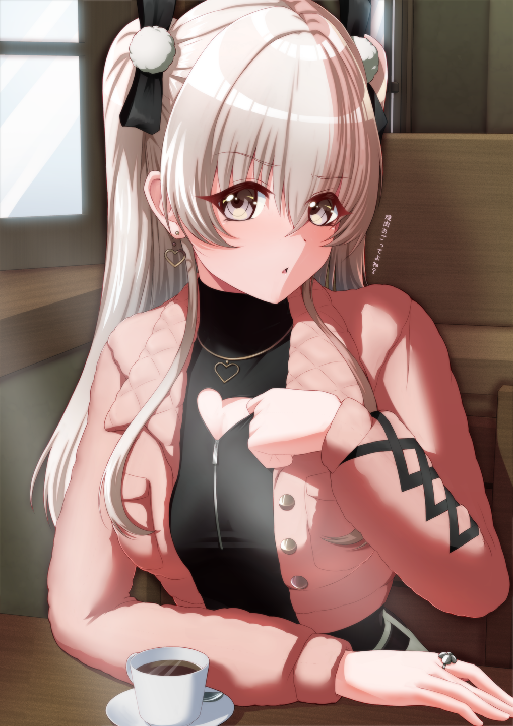 1girl, arm_on_table, black_ribbon, black_shirt, breast_pocket, breasts, buttons, chair