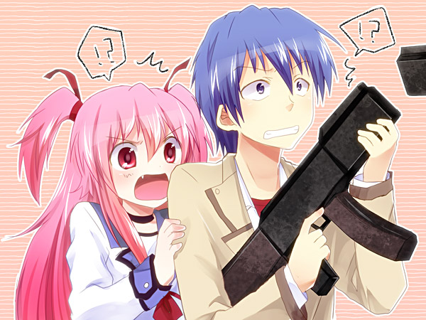 !?, ^^^, 10s, 1boy, 1girl, angel_beats!, blue_eyes, blue_hair
