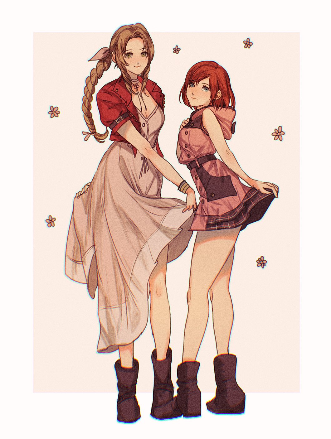 2girls, aerith_gainsborough, bangle, bare_arms, bare_shoulders, bob_cut, boots, border