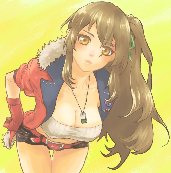 1girl, amy_(another_eden), another_eden, belt, black_shorts, breasts, brown_eyes, brown_hair, cleavage, crop_top, dog_tags, gloves, green_ribbon, hair_over_one_eye, hair_ribbon, hand_on_own_hip, jacket, large_breasts, leaning_forward, long_hair, looking_at_viewer, red_belt, red_gloves, red_jacket, ribbon, shirt, short_shorts, shorts, side_ponytail, sidelocks, sleeves_rolled_up, solo, white_shirt, yamato-y, yellow_background
