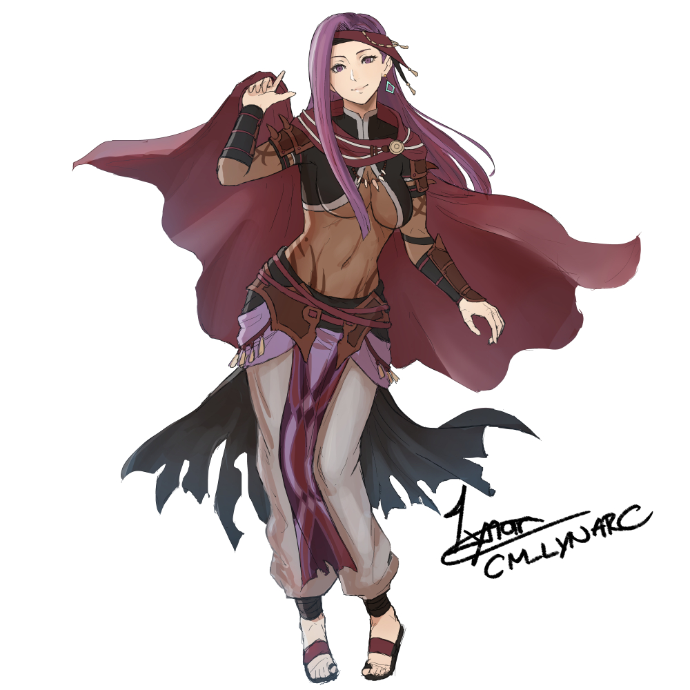 1girl, alternate_costume, artist_name, bodystocking, breasts, cape, circlet, cosplay, covered_navel, deen_(fire_emblem_gaiden), deen_(hatari)_(fire_emblem_gaiden), earrings, fire_emblem, fire_emblem_echoes:_shadows_of_valentia, fire_emblem_heroes, jewelry, large_breasts, long_hair, looking_at_viewer, lynarc, nintendo, pants, purple_eyes, purple_hair, revealing_clothes, sandals, signature, simple_background, skin_tight, smile, solo, sonya_(fire_emblem_gaiden), tiara, underboob, white_background