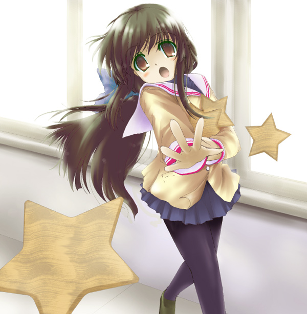 00s, 1girl, :o, clannad, female_focus, ibuki_fuuko, long_hair, low-tied_long_hair, open_mouth, pantyhose, pleated_skirt, satou_takeshi, school_uniform, serafuku, skirt, solo, starfish