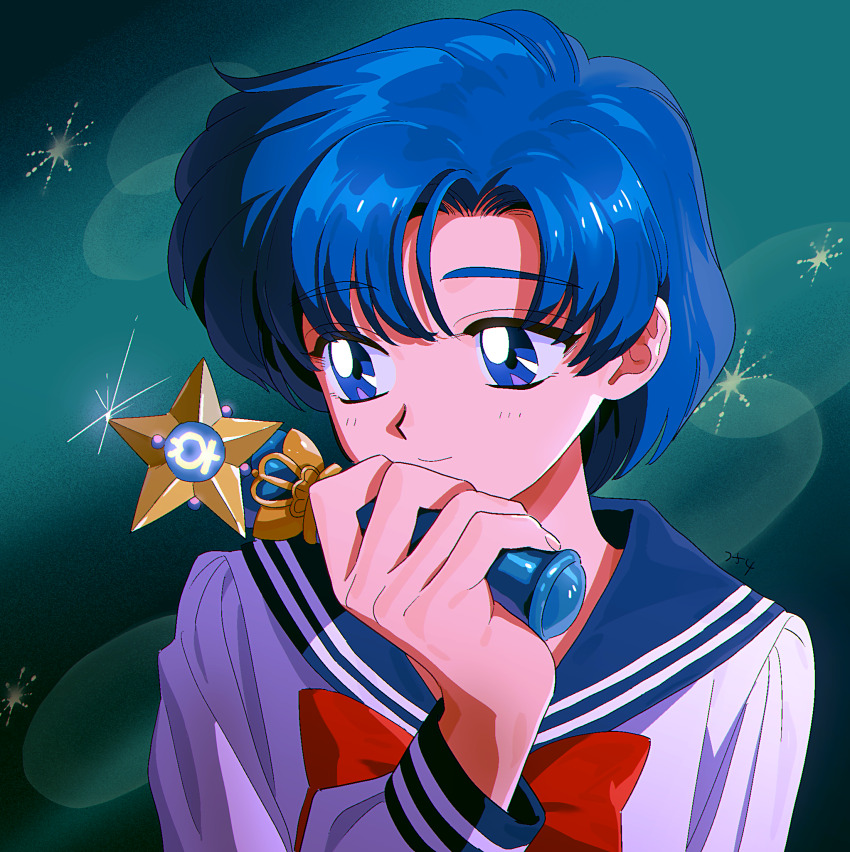 1girl, bishoujo_senshi_sailor_moon, blue_eyes, blue_hair, blue_sailor_collar, blue_theme, bow, closed_mouth, highres, holding, juuban_middle_school_uniform, mizuno_ami, popogano, red_bow, sailor_collar, school_uniform, short_hair, smile, solo