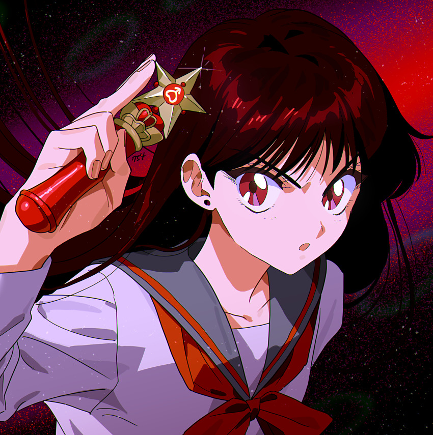 1girl, bishoujo_senshi_sailor_moon, earrings, grey_sailor_collar, highres, hino_rei, holding, jewelry, open_mouth, popogano, red_eyes, red_theme, sailor_collar, school_uniform, solo, star_(symbol)