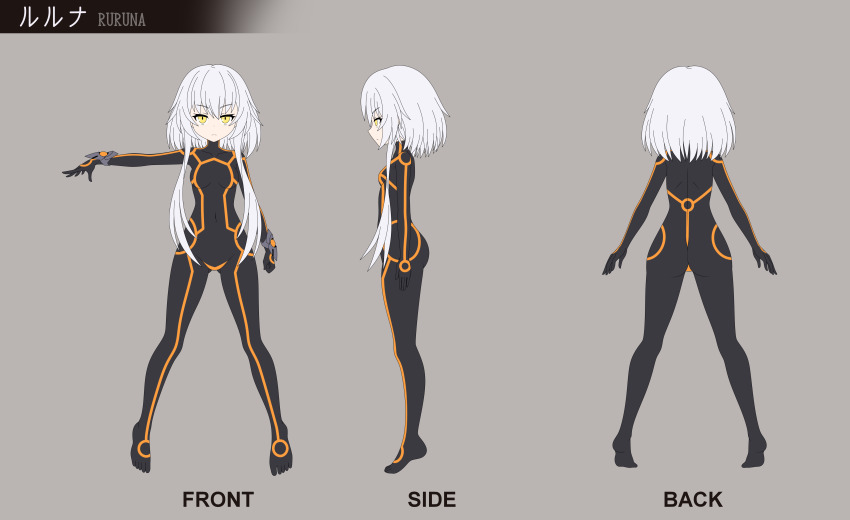 1girl, absurdres, arms_at_sides, bodysuit, breasts, reference_sheet, commentary_request, covered_navel