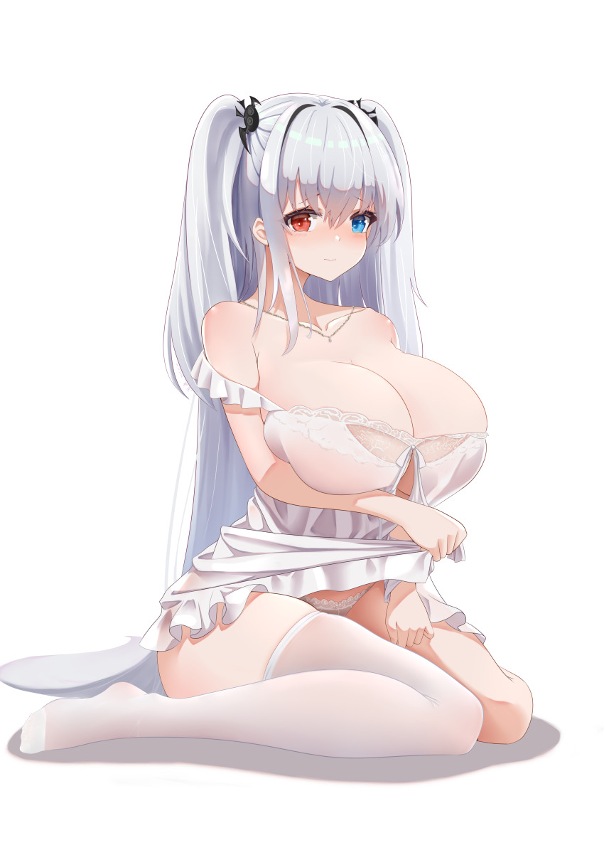1girl, absurdres, azur_lane, babydoll, bare_shoulders, blue_eyes, breasts, cleavage, clothing_cutout, collarbone, dress, elbing_(azur_lane), elbing_(sleepless_night's_wishes)_(azur_lane), flashing, heterochromia, highres, huge_breasts, lace, lace-trimmed_dress, lace_panties, lace_trim, lifting_own_clothes, long_hair, looking_at_viewer, nightgown, official_alternate_costume, panties, qian_hen, red_eyes, simple_background, single_thighhigh, sitting, solo, strapless, thighhighs, underboob_cutout, underwear, very_long_hair, white_babydoll, white_background, white_hair, white_nightgown, white_panties, white_thighhighs