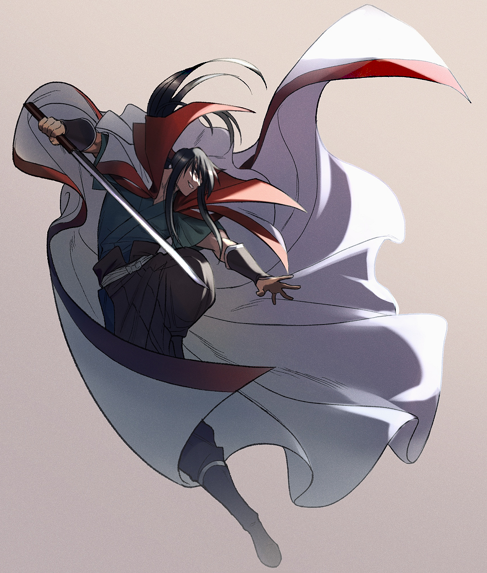 1boy, black_hair, black_pants, cape, floating_hair, full_body, grey_background, grey_kimono, grin, hiko_seijuurou, holding, holding_sword, holding_weapon, japanese_clothes, katana, kimono, long_hair, male_focus, okurase, outstretched_hand, pants, ponytail, rurouni_kenshin, sidelocks, smile, solo, sword, very_long_hair, weapon, white_cape