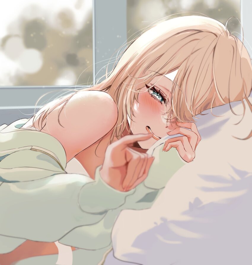 1girl, aqua_eyes, bare_shoulders, bed, blonde_hair, blush, chururun0u0, commentary