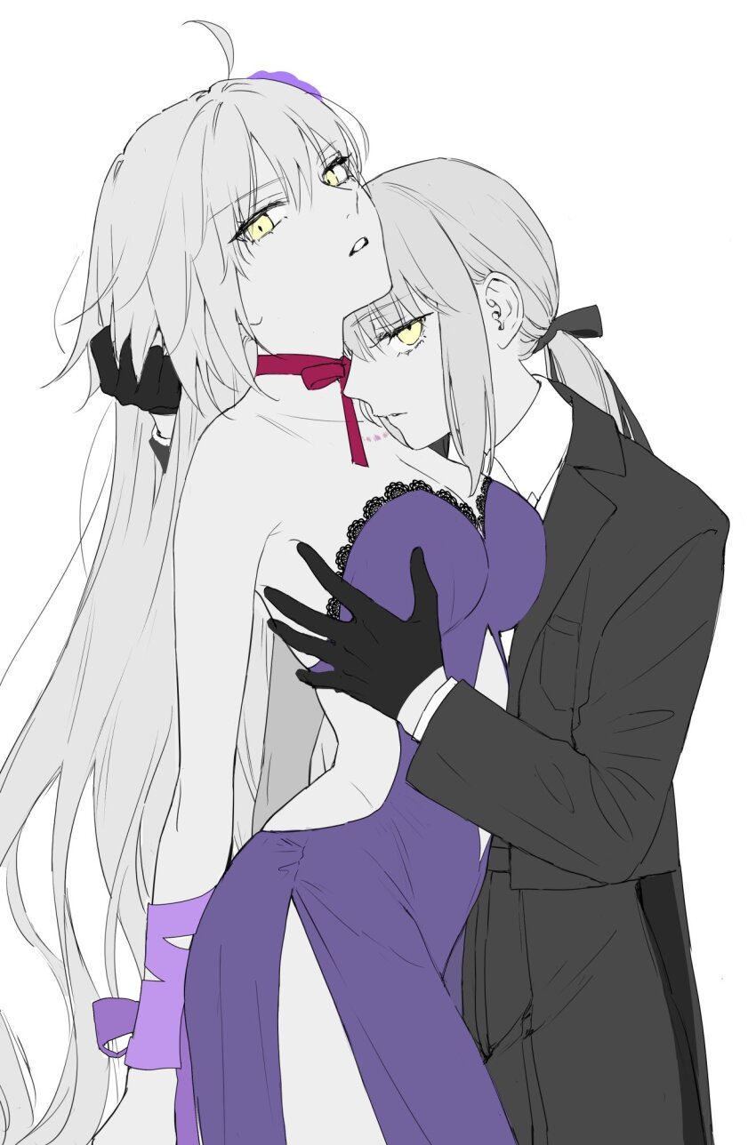 2girls, ahoge, artoria_pendragon_(fate), black_ribbon, bound, bound_wrists, breasts, choker