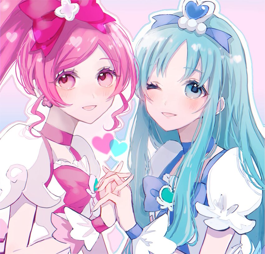 2girls, blue_choker, blue_eyes, blue_hair, brooch, choker, cure_blossom, cure_marine
