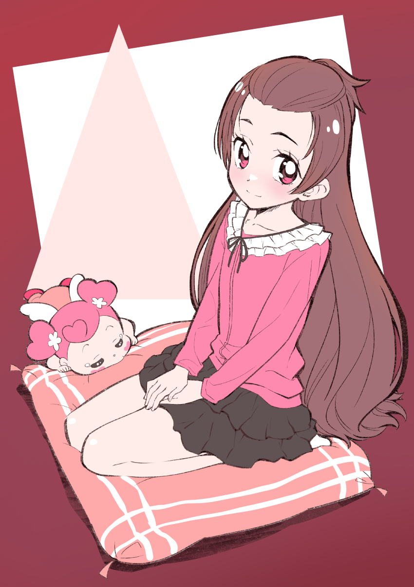 1girl, absurdres, ai-chan_(precure), bangs_pinned_back, black_skirt, brown_hair, cushion, dokidoki!_precure