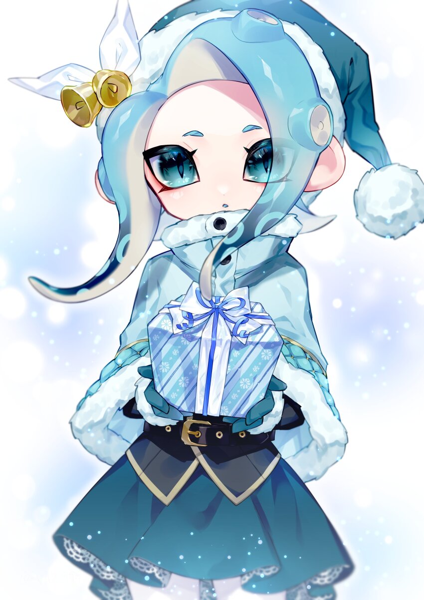 1girl, absurdres, aqua_capelet, aqua_dress, aqua_eyes, aqua_gloves, aqua_hair, aqua_santa_costume