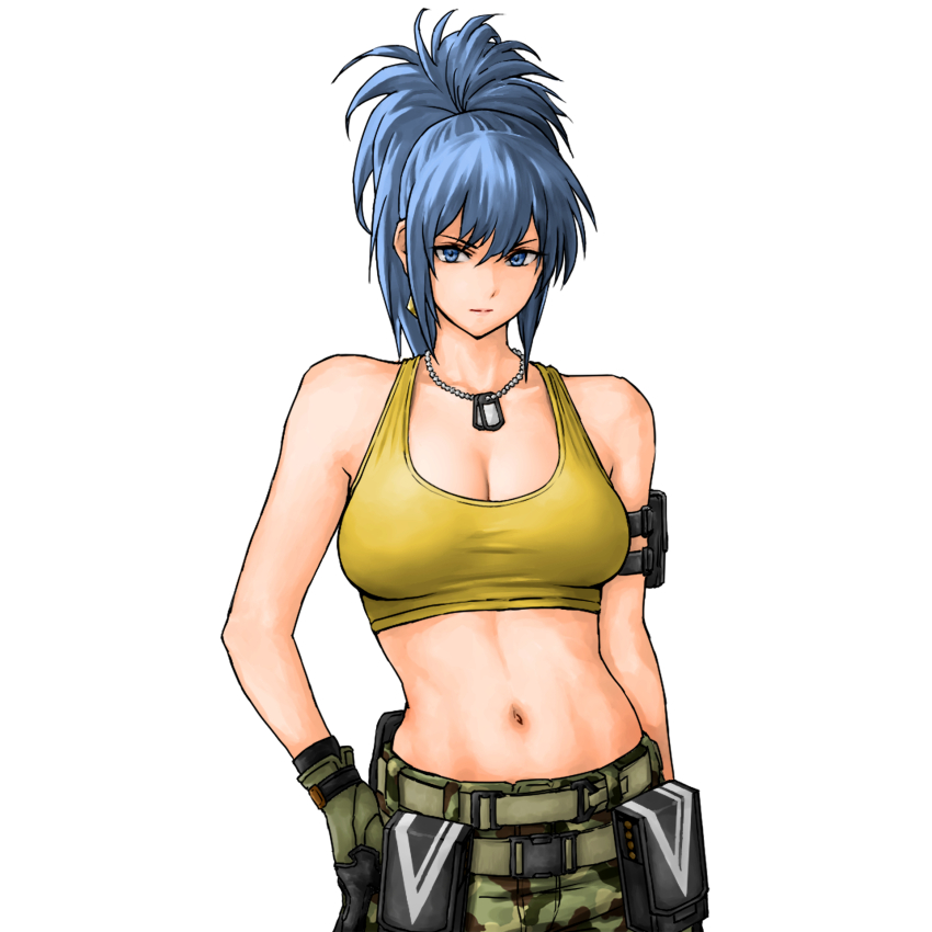 1girl, arm_at_side, arm_holster, bare_shoulders, belt, black_gloves, blue_eyes, blue_hair