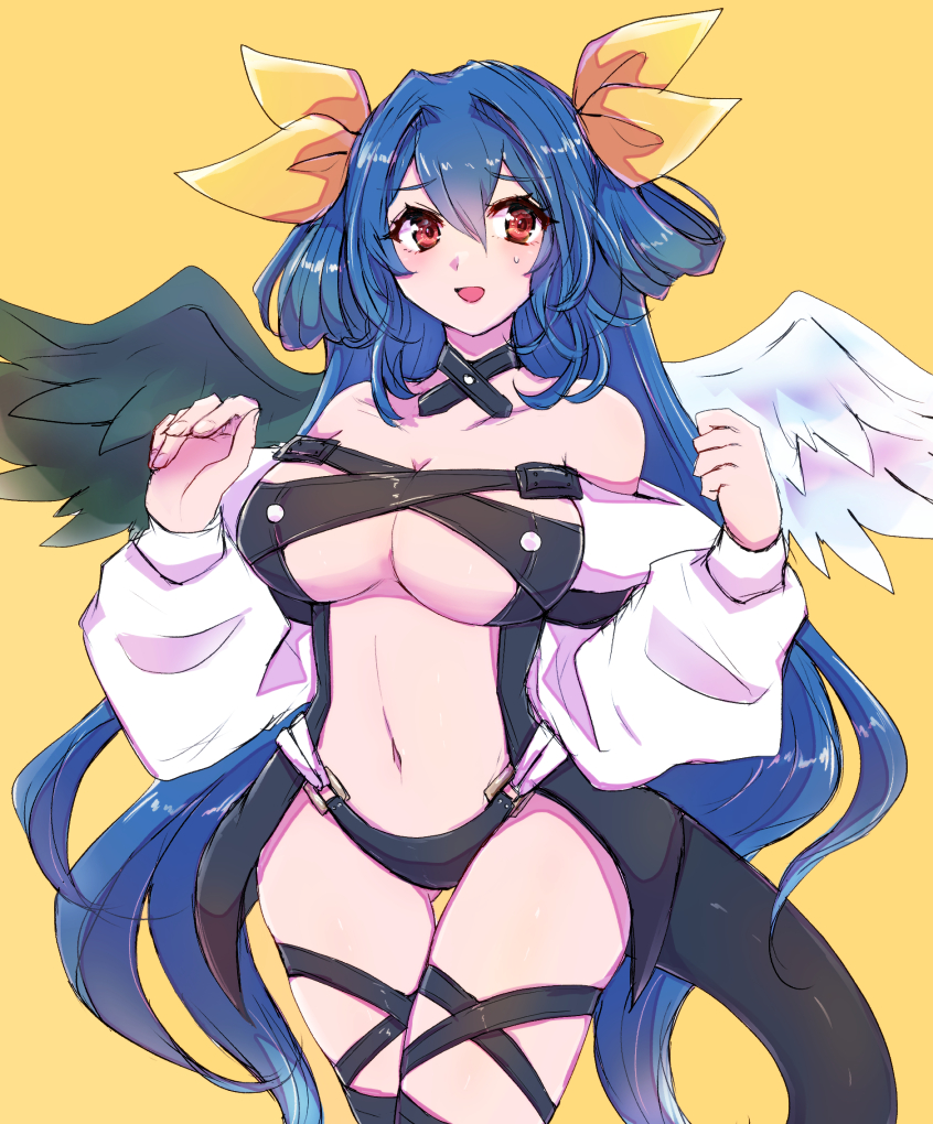 1girl, angel_wings, asymmetrical_wings, bare_shoulders, belt, black_choker, black_panties, blue_hair