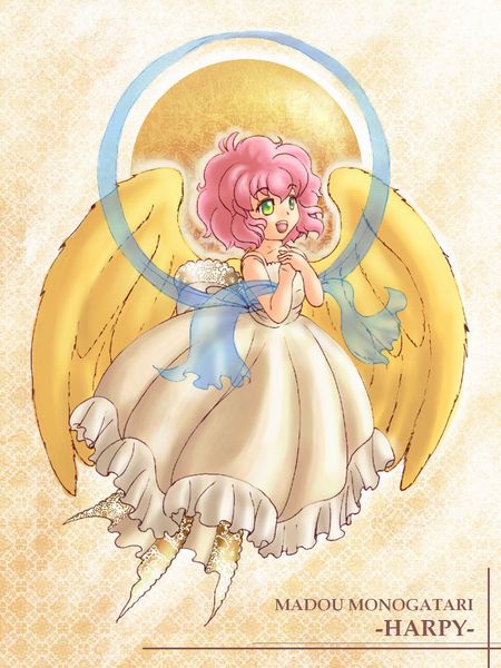 1girl, angel, angel_wings, character_name, copyright_name, dora_yaki, dress, flying, full_body, green_eyes, harpy_(puyopuyo), madou_monogatari, pink_hair, puyopuyo, short_hair, solo, white_dress, wings, yellow_wings