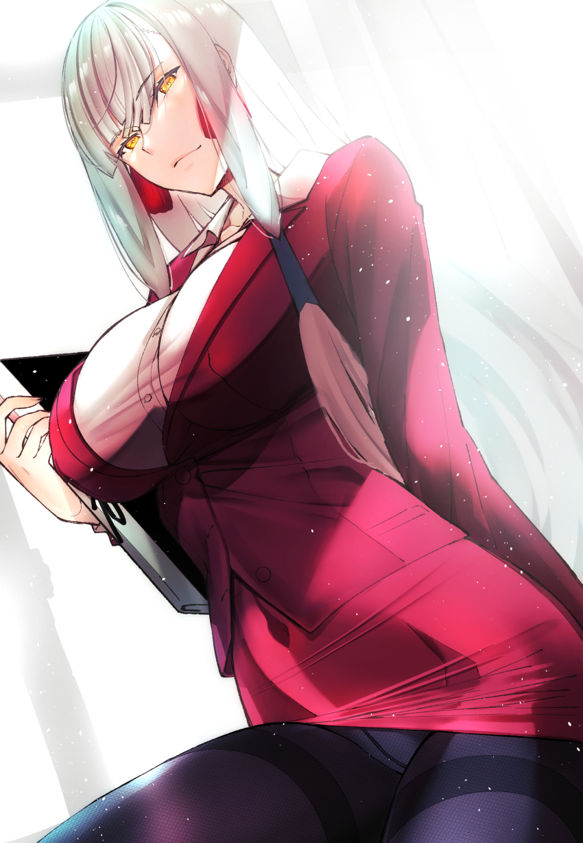 1girl, black_pantyhose, breasts, collared_shirt, covered_navel, dress_shirt, fate/grand_order, fate_(series)