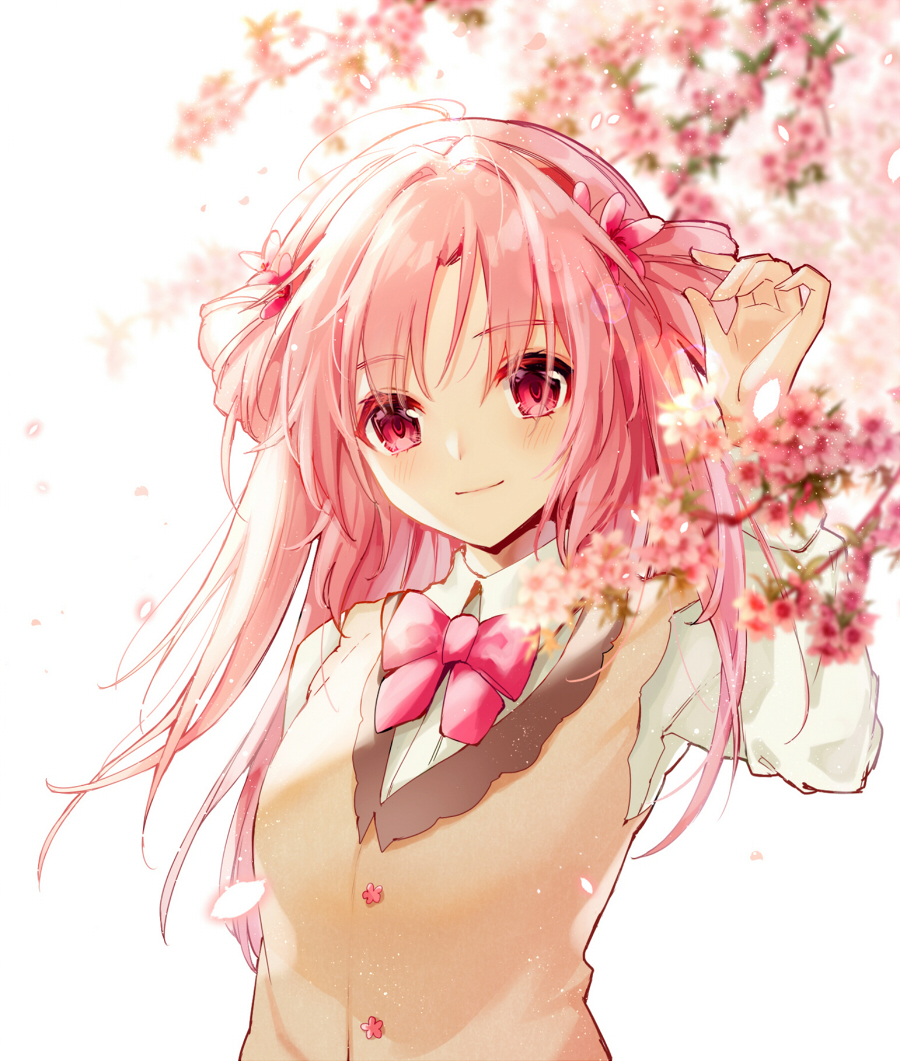 1girl, akinomiya_asuka, breasts, cherry_blossoms, closed_mouth, collared_shirt, commentary_request, flower, hair_flower, hair_ornament, long_hair, long_sleeves, looking_at_viewer, neck_ribbon, original, parted_bangs, pink_eyes, pink_flower, pink_hair, pink_ribbon, ribbon, riverbed_soul_saver, shirt, small_breasts, smile, solo, touhou, upper_body, vest, white_shirt, yamatoyo_no_momohime, yellow_vest