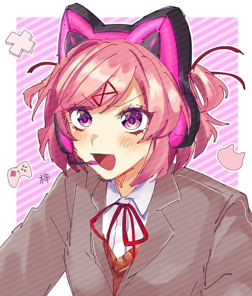 1girl, :d, animal_ear_headphones, animal_ears, artist_name, azuyan, blazer, blush, bob_cut, breasts, brown_sweater_vest, cat_ear_headphones, cat_ears, cat_symbol, close-up, commentary, controller, d-pad, diagonal_stripes, doki_doki_literature_club, dress_shirt, excited, eyelashes, fake_animal_ears, fang, game_controller, grey_jacket, hair_ornament, hair_ribbon, headphones, headset, highres, jacket, looking_ahead, microphone, natsuki_(doki_doki_literature_club), neck_ribbon, open_mouth, pink_background, pink_eyes, pink_hair, playing_games, playing_video_games, portrait, red_ribbon, ribbon, school_uniform, shirt, short_hair, signature, sketch, small_breasts, smile, solo, striped, sweater_vest, swept_bangs, two_side_up, upper_body, v-shaped_eyebrows, white_shirt, x_hair_ornament