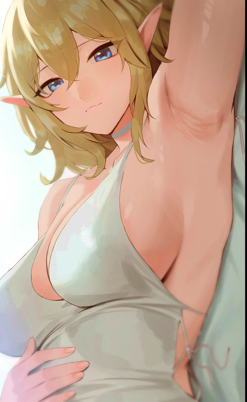 1girl, absurdres, arm_up, armpit_focus, armpits, bare_shoulders, blonde_hair, blue_eyes, blush, breasts, cleavage, closed_mouth, dress, dungeon_ni_deai_wo_motomeru_no_wa_machigatteiru_darou_ka, elf, hair_between_eyes, highres, large_breasts, looking_at_viewer, lying, on_back, pointy_ears, rororo, ryu_lion, short_hair, solo, white_dress