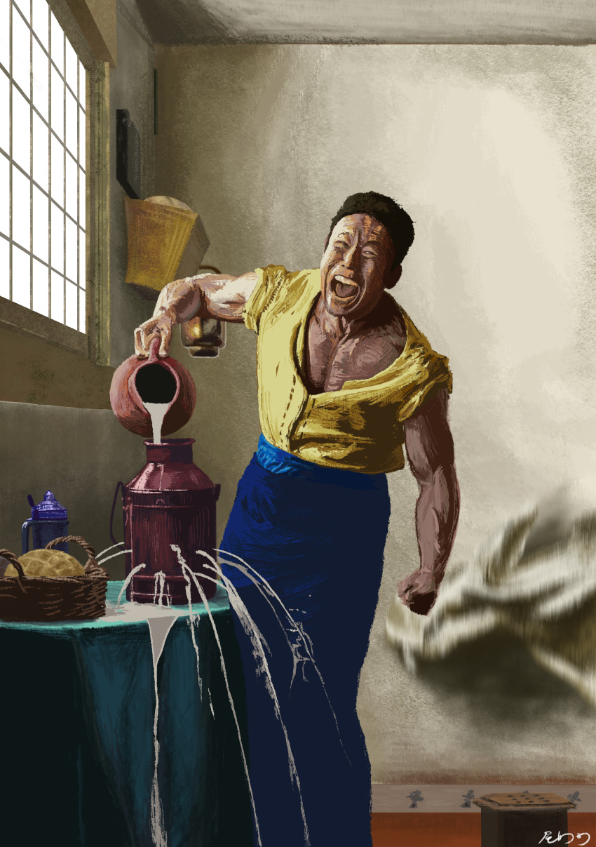 1boy, absurdres, basket, black_hair, blue_skirt, bread, clenched_hand, commentary_request, fine_art_parody, food, highres, holding, indoors, jug_(bottle), kitchen, long_skirt, male_focus, milk, muscular, muscular_male, music_hour, nakayama_kinni-kun, open_mouth, parody, pouring, real_life, shirt, short_hair, shouting, skirt, solo, table, tablecloth, the_milkmaid, very_short_hair, window, yellow_shirt