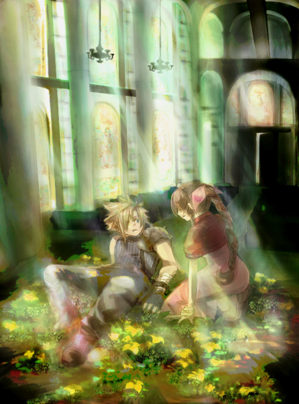 1boy, 1girl, aerith_gainsborough, armor, bandaged_arm, bandages, bangle, blonde_hair
