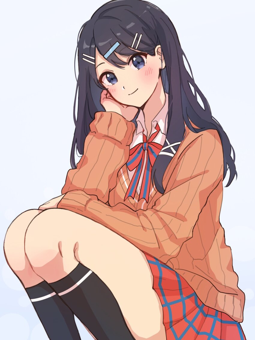 1girl, black_socks, blush, bow, fire_emblem, grk_11601, hair_ornament, hairclip, hand_on_own_face, highres, long_hair, long_sleeves, looking_at_viewer, nintendo, oribe_tsubasa, pleated_skirt, red_bow, school_uniform, skirt, smile, socks, solo, sweater, tokyo_mirage_sessions_fe, white_background