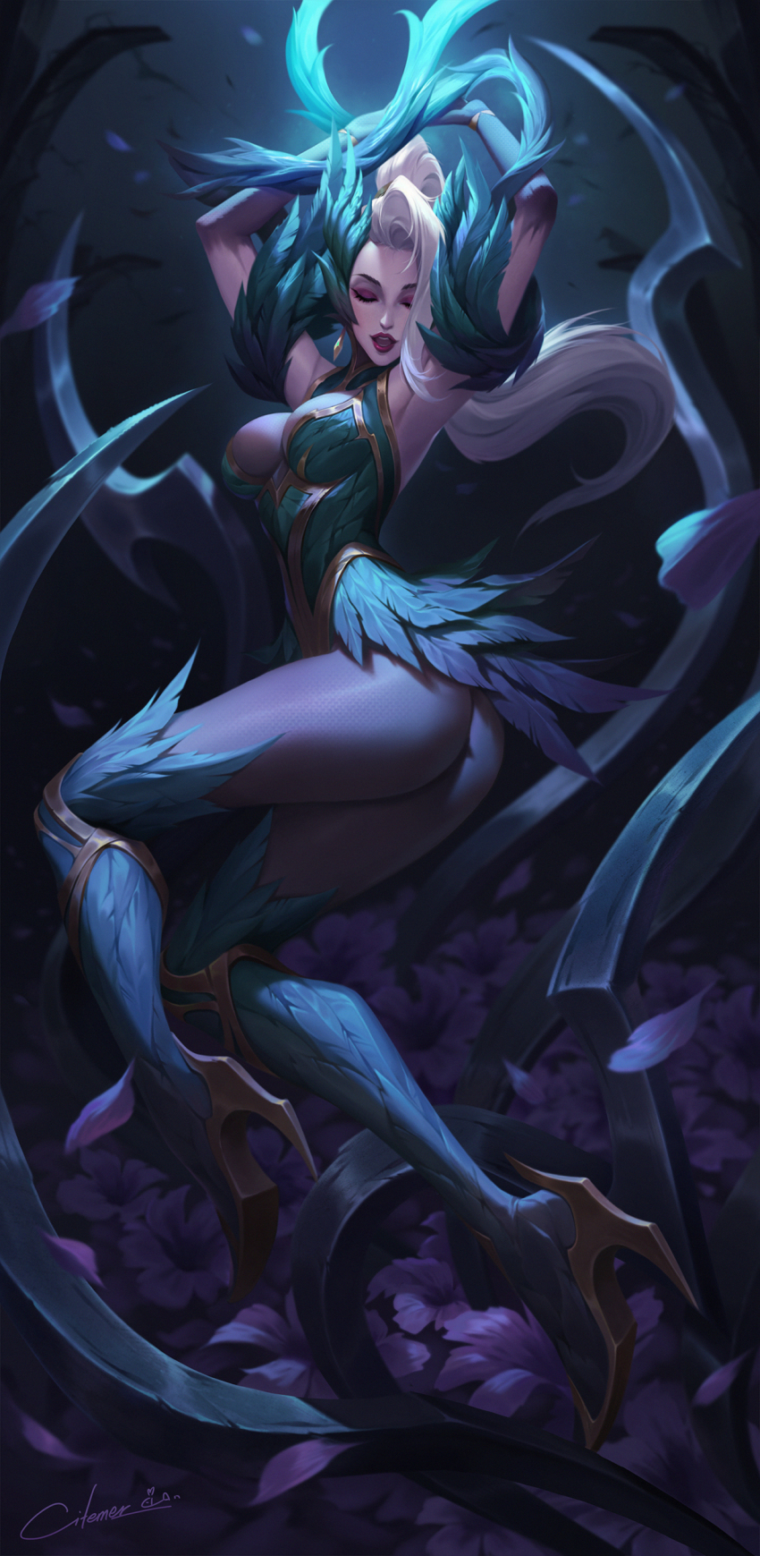 1girl, absurdres, arms_up, ass, blonde_hair, blue_thighhighs, breasts, citemer, cleavage_cutout, closed_eyes, clothing_cutout, coven_zyra, eyelashes, eyeshadow, feather_trim, feathers, green_leotard, high_heels, highres, large_breasts, league_of_legends, leotard, makeup, open_mouth, ponytail, red_eyeshadow, red_lips, solo, thighhighs, zyra