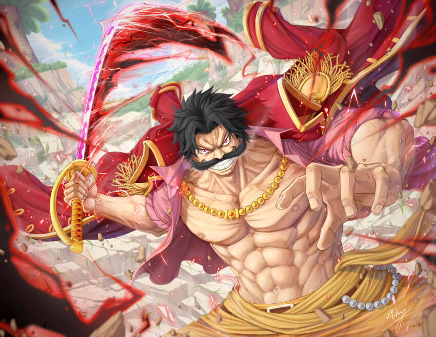 1boy, abs, absurdres, bead_necklace, beads, black_hair, blue_sky, cloud, coat, coat_on_shoulders, collarbone, collared_shirt, commentary_request, day, electricity, energy, energy_sword, epaulettes, facial_hair, gol_d._roger, gold_trim, grass, grin, highres, holding, holding_sword, holding_weapon, jewelry, jian_liang, looking_at_viewer, male_focus, muscular, muscular_male, mustache, navel, necklace, one_piece, open_clothes, open_shirt, orange_pants, outdoors, pants, parted_bangs, pectorals, pink_shirt, red_coat, red_eyes, sash, shirt, short_hair, short_sleeves, signature, sky, smile, smoke, solo, stomach, sword, teeth, tree, v-shaped_eyebrows, v-shaped_eyes, veins, weapon, yellow_sash