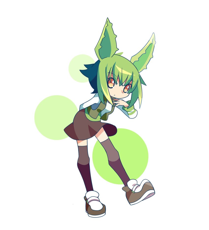 1other, animal_ears, black_thighhighs, eyebrows, green_hair, hexadigital, hexadigital_(1st_costume), highres, indie_virtual_youtuber, leaning_forward, long_sleeves, shoes, simple_background, skirt, smallendu, solo, standing, thighhighs, virtual_youtuber, yellow_eyes, zettai_ryouiki