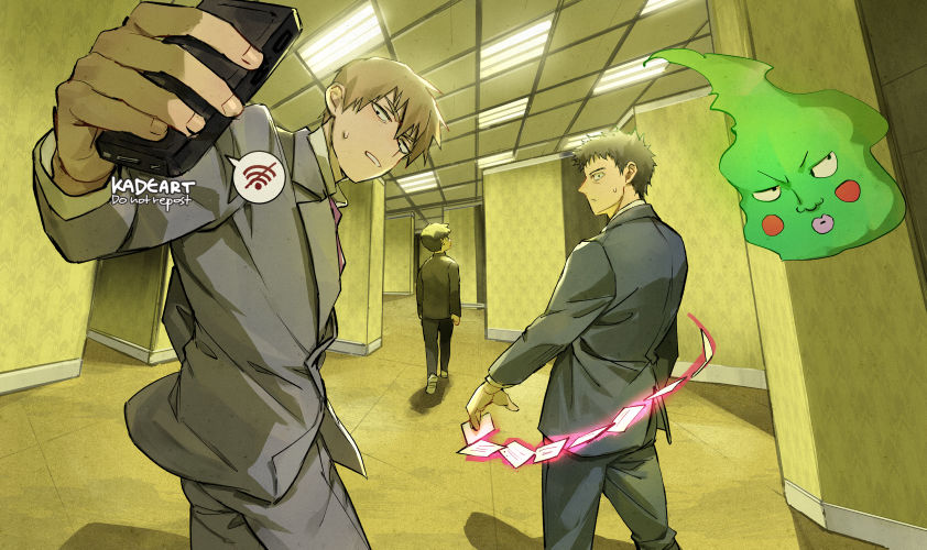 3boys, backrooms_(creepypasta), ceiling, cellphone, ekubo_(mob_psycho_100), holding, holding_phone, kadeart