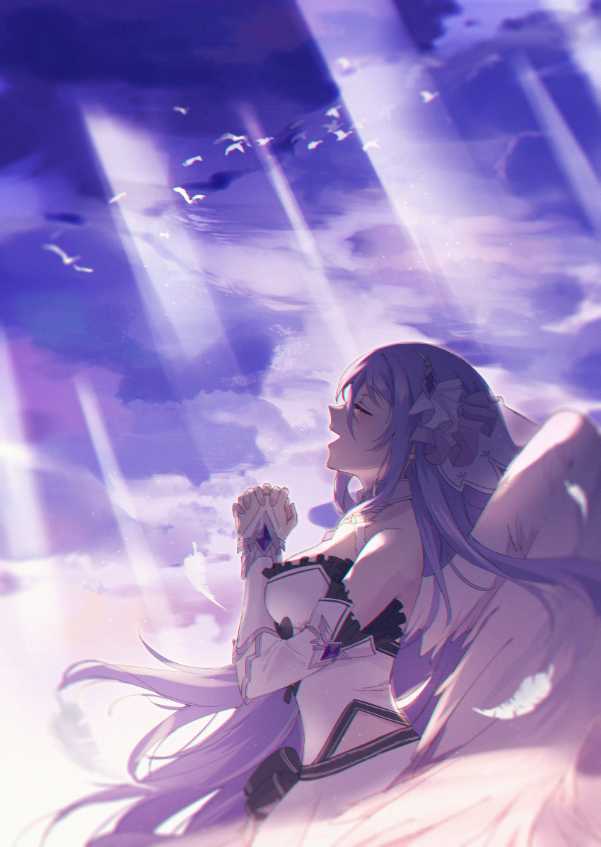 1girl, :d, absurdres, angel_wings, bird, black_bow, bow, bridal_gauntlets, closed_eyes, cloud, dress, dress_bow, feathers, frilled_dress, frills, from_side, hair_between_eyes, hairband, highres, long_hair, open_mouth, own_hands_clasped, own_hands_together, princess_connect!, profile, purple_hair, purple_sky, qianlilingjiang, shizuru_(princess_connect!), sky, sleeveless, sleeveless_dress, smile, solo, upper_body, white_dress, white_hairband, wings