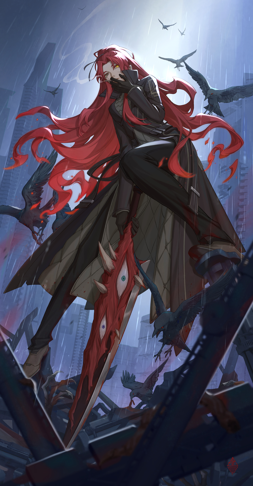 1girl, between_fingers, bird, black_coat, black_gloves, black_pants, black_ribbon, blood