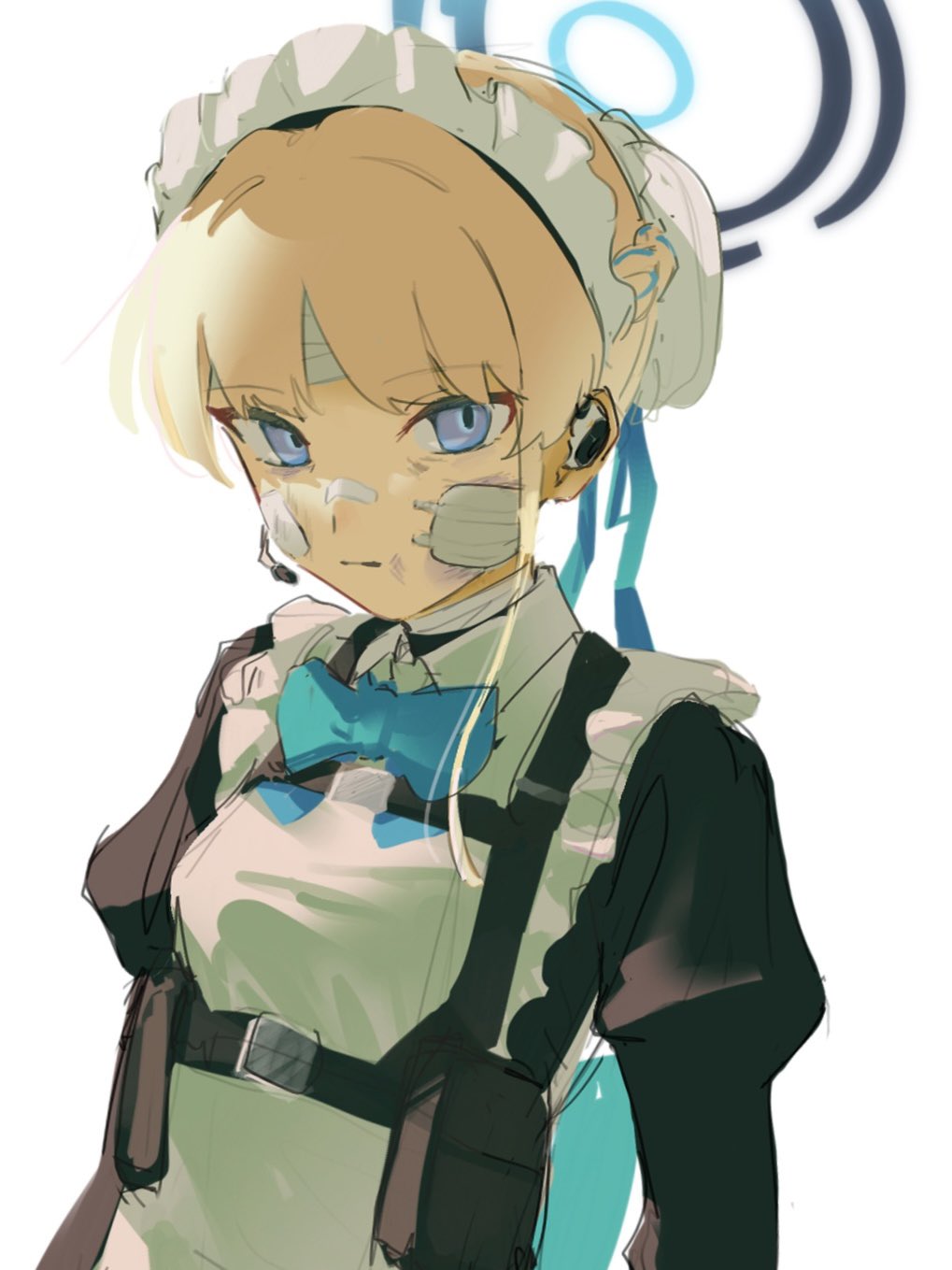 1girl, bandage_on_face, bandage_on_neck, bandages, bandaid, bandaid_on_face, bandaid_on_nose, blonde_hair, blue_archive, blue_bow, blue_bowtie, blue_eyes, blue_halo, blue_ribbon, bow, bowtie, breasts, bruise, bruise_on_face, bun_cover, chest_harness, closed_mouth, collared_dress, dress, empty_eyes, hair_bun, hair_ribbon, halo, harness, headset, highres, injury, juliet_sleeves, long_sleeves, looking_at_viewer, maid, maid_headdress, microphone, piroshiki_(aoraro), pouch, puffy_sleeves, ribbon, simple_background, single_hair_bun, small_breasts, solo, toki_(blue_archive), white_background