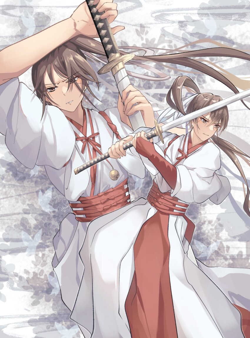 1girl, bell, bridal_gauntlets, brown_hair, clenched_teeth, floral_background, hanna_(y_m_d_jgkrk), high_ponytail, highres, holding, holding_sword, holding_weapon, jigokuraku, katana, long_hair, looking_at_viewer, looking_to_the_side, ponytail, robe, sword, teeth, weapon, white_robe, yamada_asaemon_sagiri