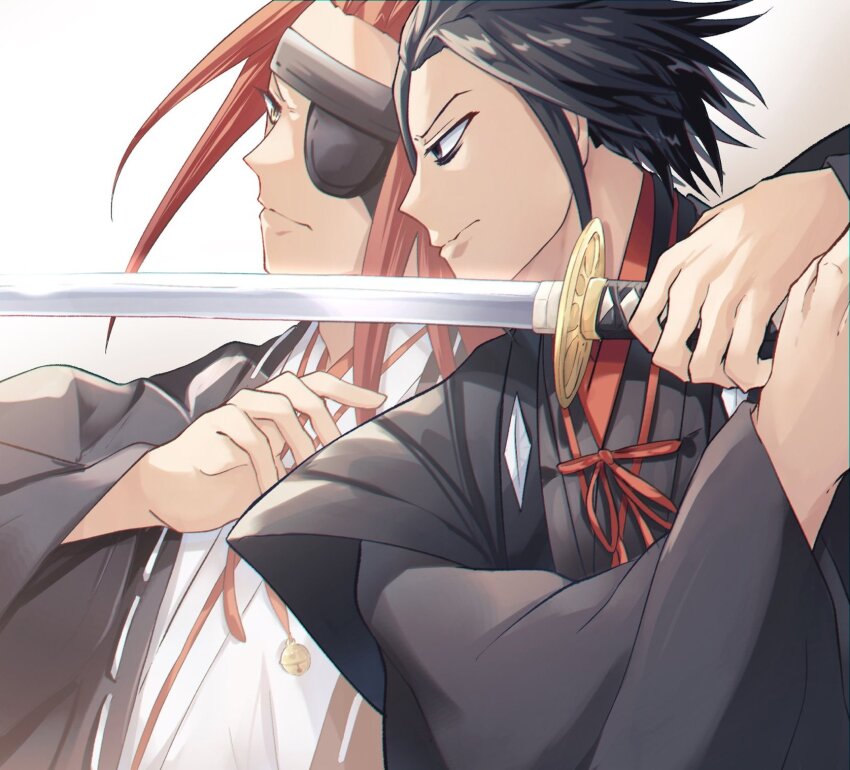 2boys, black_hair, black_robe, brown_hair, eyepatch, hair_slicked_back, hanna_(y_m_d_jgkrk), haori