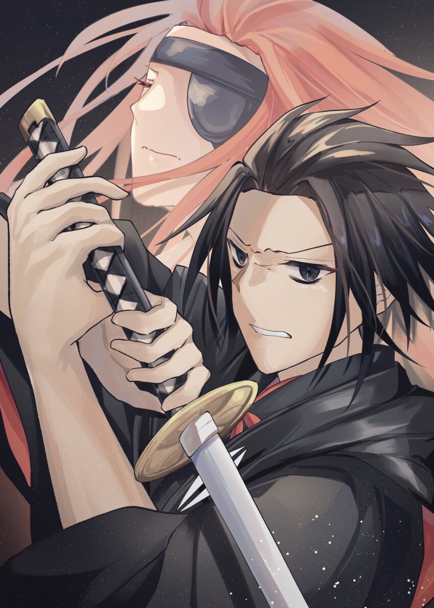 2boys, black_background, black_hair, black_robe, brown_hair, clenched_teeth, closed_eyes, eyepatch