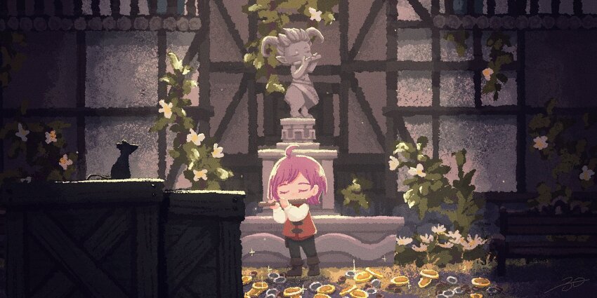 1girl, ahoge, animal, bench, black_pants, boots, box, brown_boots