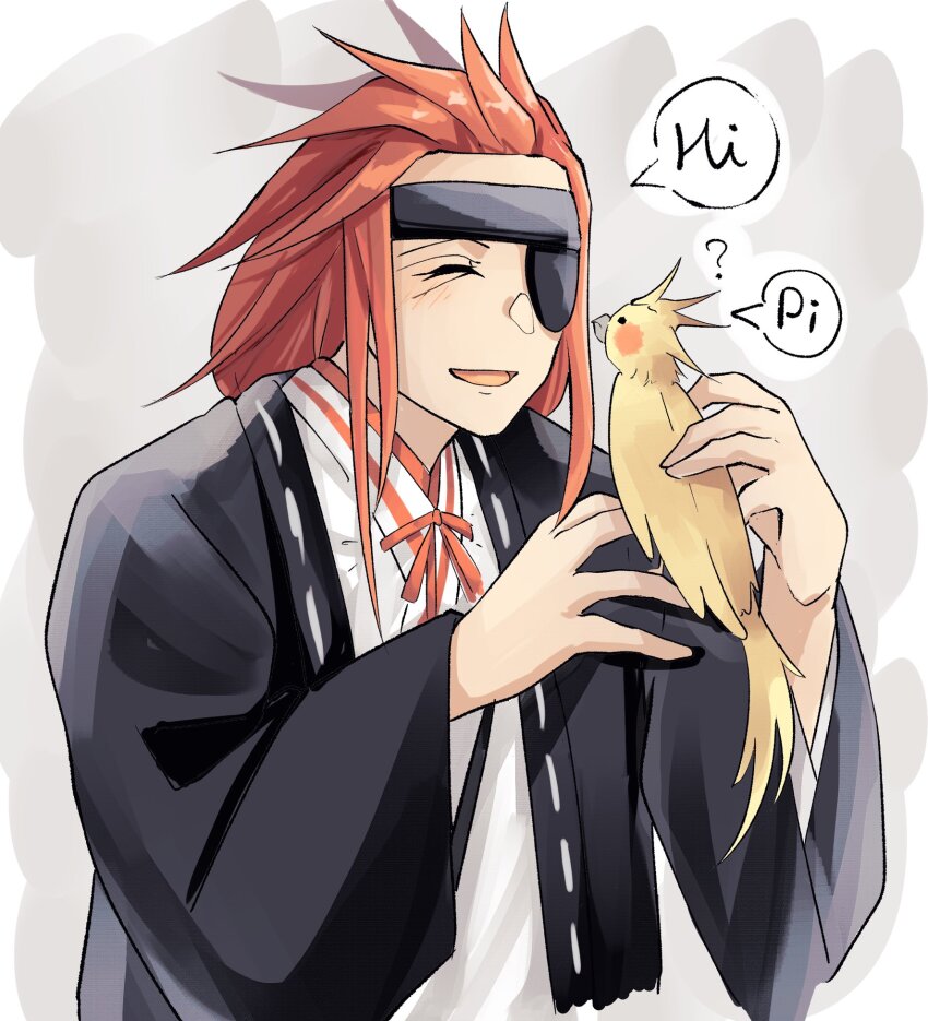 1boy, animal, animal_on_hand, bird, bird_on_hand, closed_eyes, eyepatch, facing_another