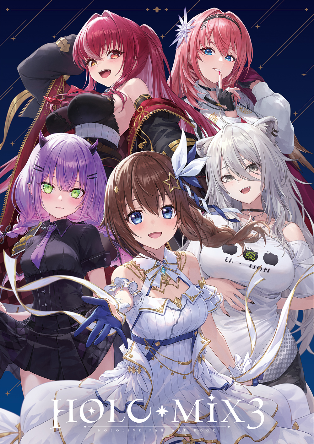 5girls, :d, ahoge, animal_ear_fluff, animal_ears, black_choker, black_gloves, black_nails