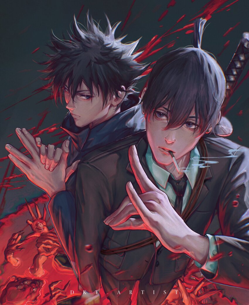 2boys, artist_name, artistdkt, back-to-back, black_hair, black_jacket, black_necktie, black_pants