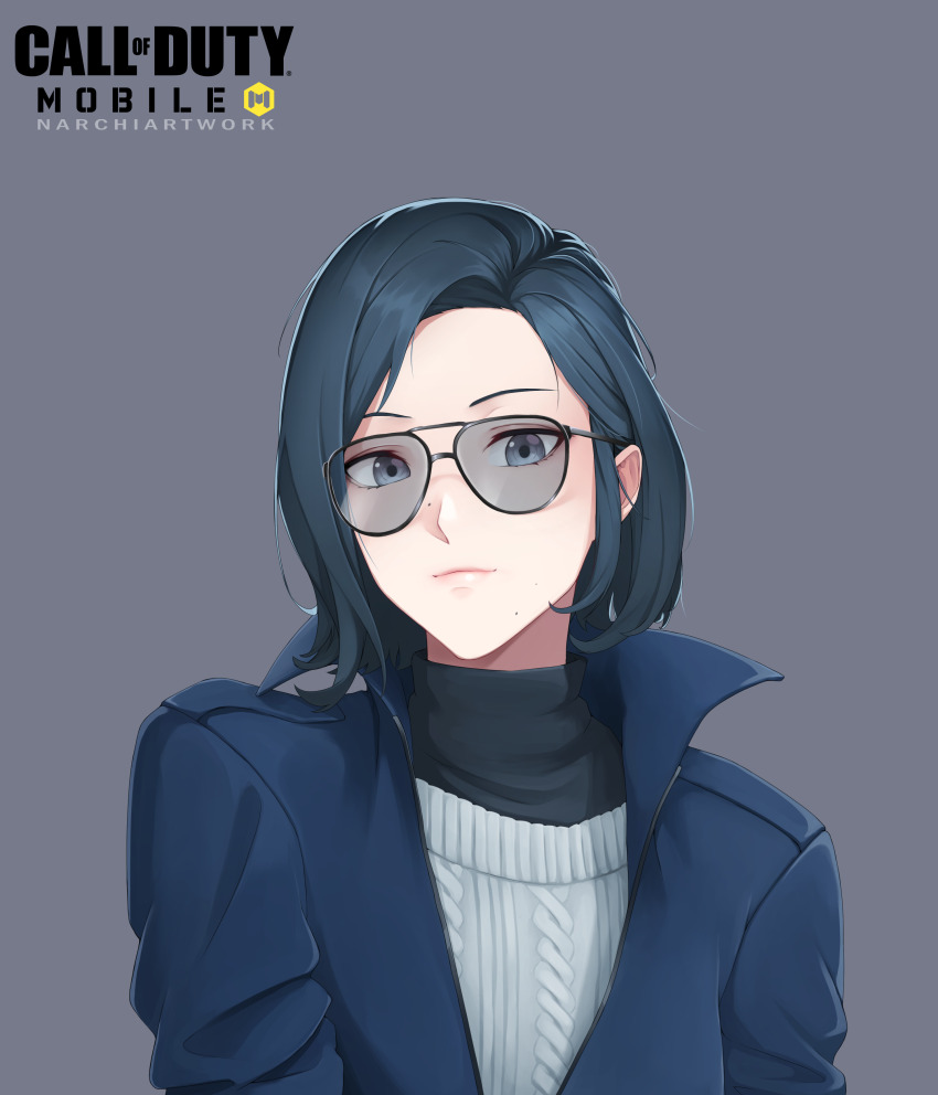 1girl, absurdres, artist_name, black-framed_eyewear, blue_hair, blue_jacket, call_of_duty, call_of_duty:_black_ops_cold_war