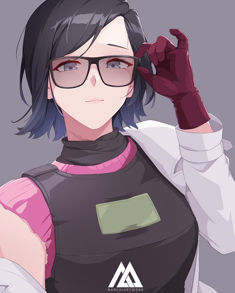 1girl, adjusting_eyewear, artist_logo, artist_name, black-framed_eyewear, black_hair, black_vest, blue_hair